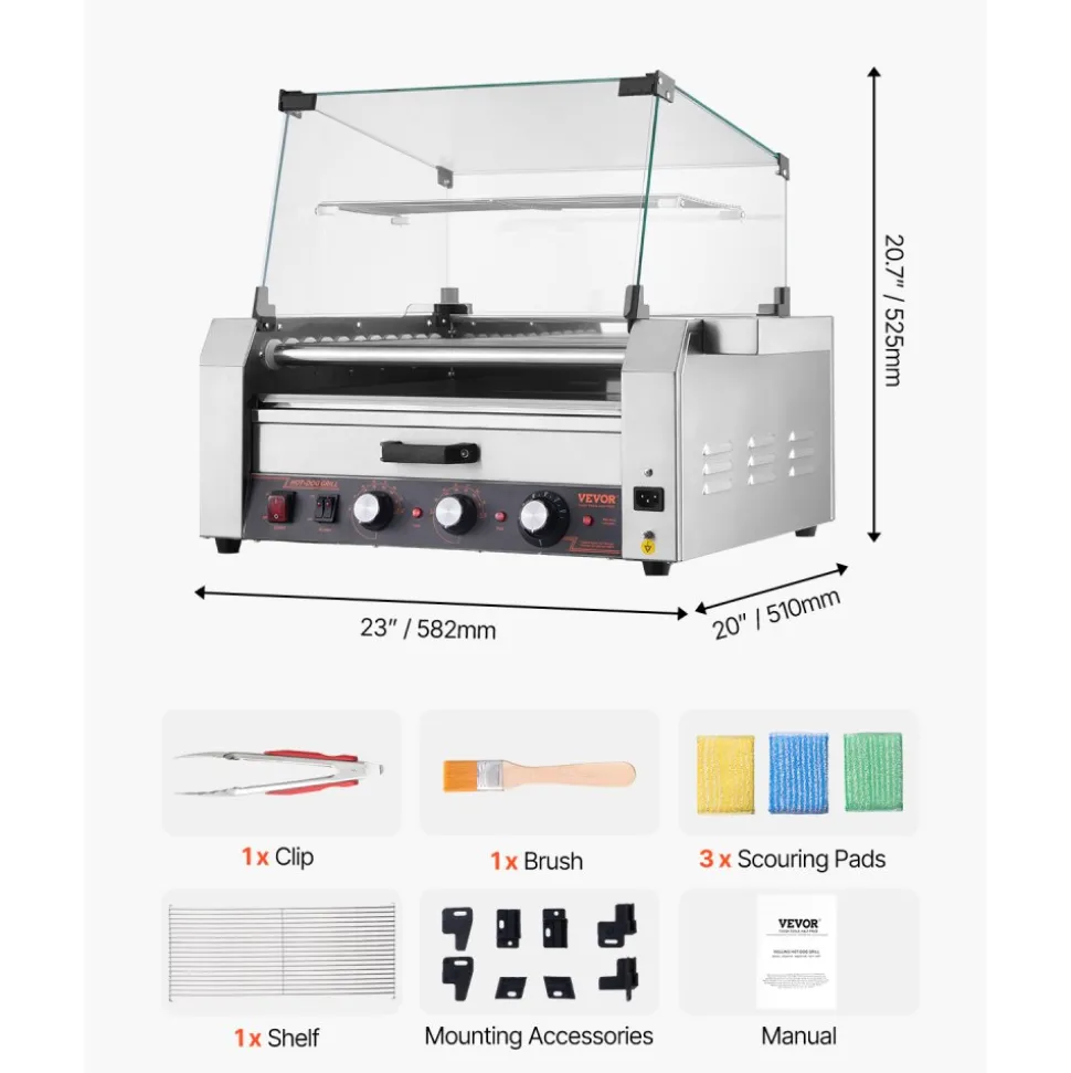 VEVOR Hot Dog Roller, 30 Hot Dog 11 Rollers, Stainless Steel Sausage Grill Cooker, 1950W Hot Dog Machine with Bun Warmer, Cover, 3 Temp Control, Side Storage Box, Oil Drip Tray, for Home & Commercial