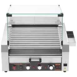VEVOR Hot Dog Roller, 30 Hot Dog 11 Rollers, Stainless Steel Sausage Grill Cooker, 1950W Hot Dog Machine with Bun Warmer, Cover, 3 Temp Control, Side Storage Box, Oil Drip Tray, for Home & Commercial