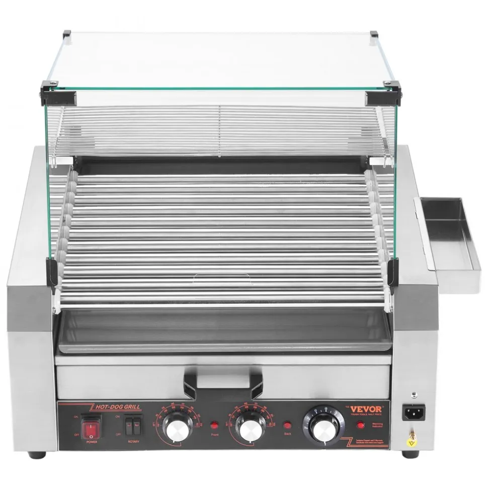 VEVOR Hot Dog Roller, 30 Hot Dog 11 Rollers, Stainless Steel Sausage Grill Cooker, 1950W Hot Dog Machine with Bun Warmer, Cover, 3 Temp Control, Side Storage Box, Oil Drip Tray, for Home & Commercial