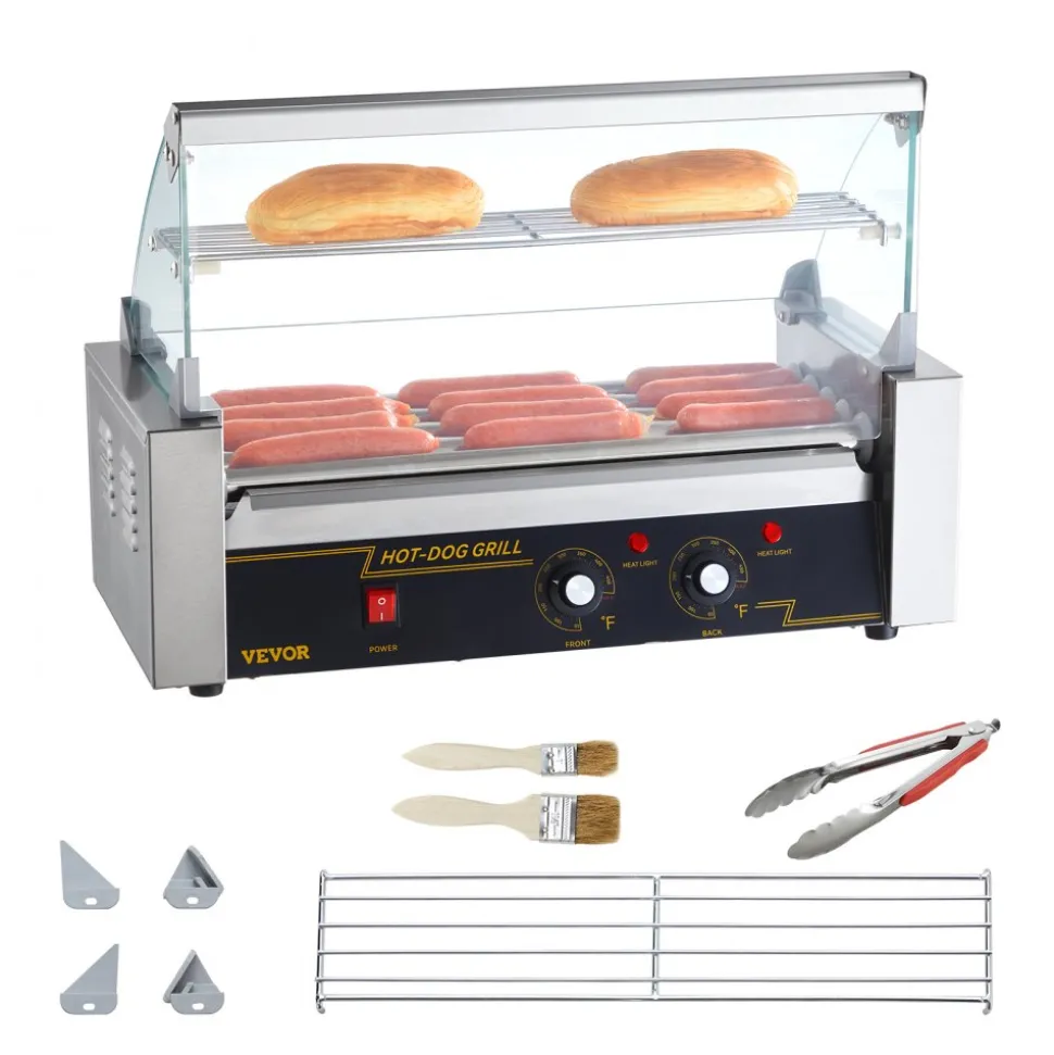 VEVOR Hot Dog Roller 5 Rollers 12 Hot Dogs Capacity, 750W Stainless Sausage Grill Cooker Machine with Dual Temp Control Glass Hood Acrylic Cover Bun Warmer Shelf Removable Oil Drip Tray ETL Certified