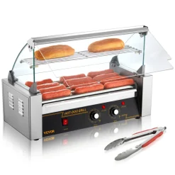 VEVOR Hot Dog Roller 5 Rollers 12 Hot Dogs Capacity, 750W Stainless Sausage Grill Cooker Machine with Dual Temp Control Glass Hood Acrylic Cover Bun Warmer Shelf Removable Oil Drip Tray ETL Certified