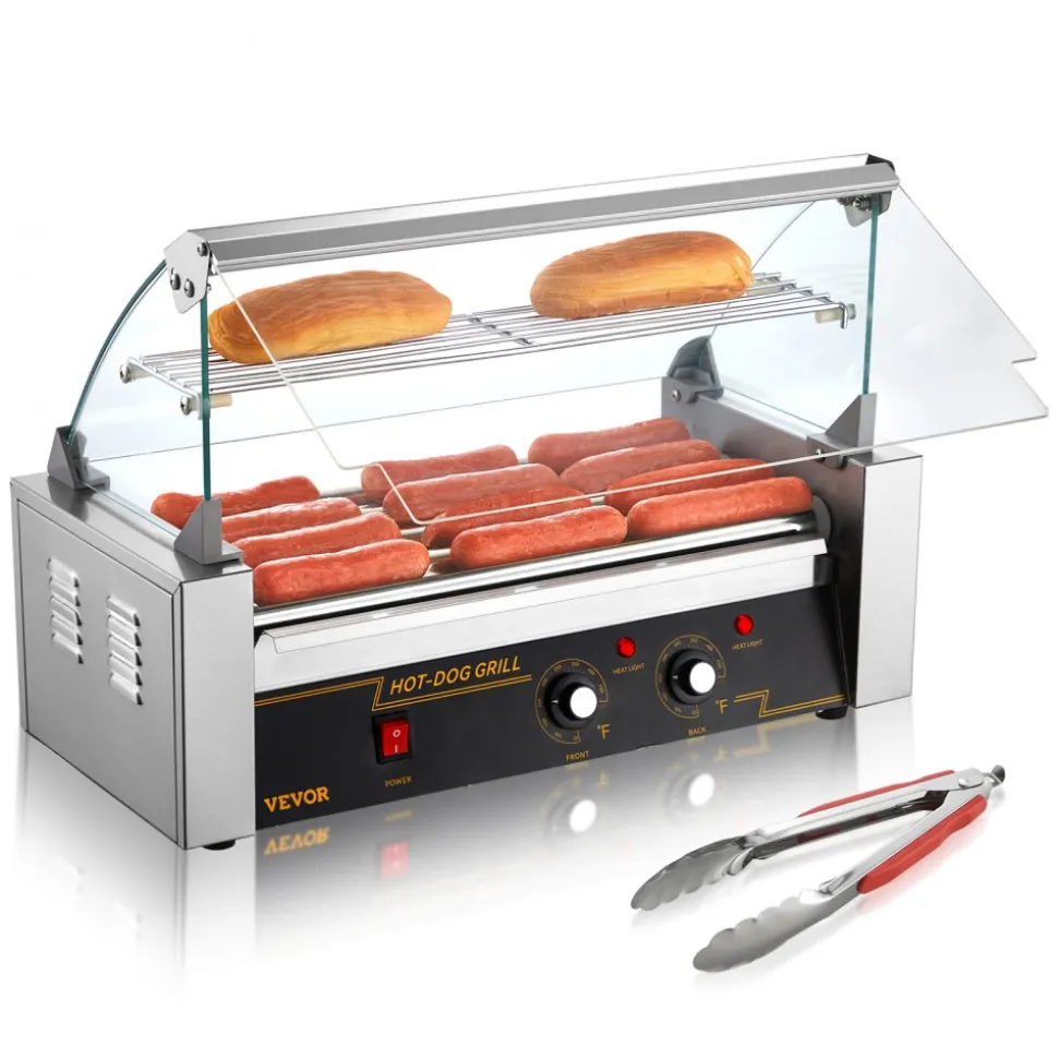 VEVOR Hot Dog Roller 5 Rollers 12 Hot Dogs Capacity, 750W Stainless Sausage Grill Cooker Machine with Dual Temp Control Glass Hood Acrylic Cover Bun Warmer Shelf Removable Oil Drip Tray ETL Certified
