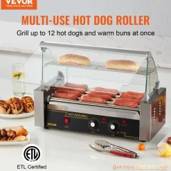 VEVOR Hot Dog Roller 5 Rollers 12 Hot Dogs Capacity, 750W Stainless Sausage Grill Cooker Machine with Dual Temp Control Glass Hood Acrylic Cover Bun Warmer Shelf Removable Oil Drip Tray ETL Certified