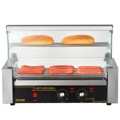 VEVOR Hot Dog Roller 5 Rollers 12 Hot Dogs Capacity, 750W Stainless Sausage Grill Cooker Machine with Dual Temp Control Glass Hood Acrylic Cover Bun Warmer Shelf Removable Oil Drip Tray ETL Certified