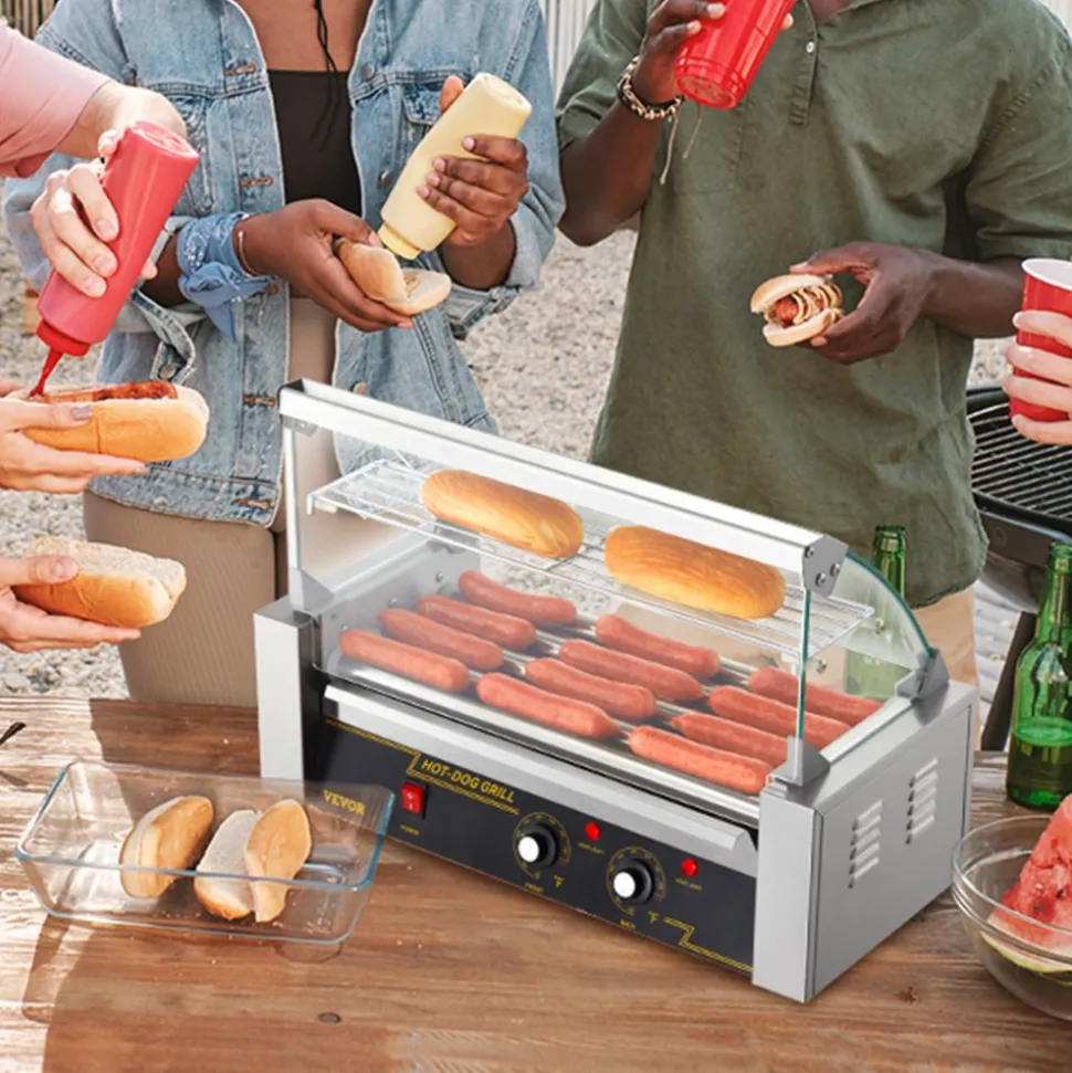 VEVOR Hot Dog Roller 5 Rollers 12 Hot Dogs Capacity, 750W Stainless Sausage Grill Cooker Machine with Dual Temp Control Glass Hood Acrylic Cover Bun Warmer Shelf Removable Oil Drip Tray ETL Certified