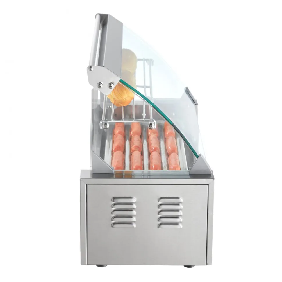 VEVOR Hot Dog Roller 5 Rollers 12 Hot Dogs Capacity, 750W Stainless Sausage Grill Cooker Machine with Dual Temp Control Glass Hood Acrylic Cover Bun Warmer Shelf Removable Oil Drip Tray ETL Certified