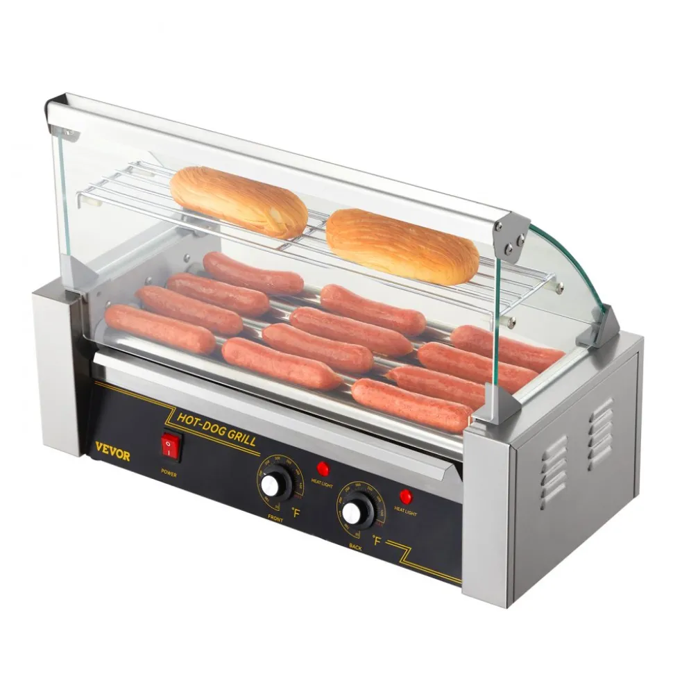 VEVOR Hot Dog Roller 5 Rollers 12 Hot Dogs Capacity, 750W Stainless Sausage Grill Cooker Machine with Dual Temp Control Glass Hood Acrylic Cover Bun Warmer Shelf Removable Oil Drip Tray ETL Certified