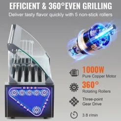 VEVOR Hot Dog Roller 5 Rollers 12 Hot Dogs Capacity, 750W Stainless Sausage Grill Cooker Machine with Dual Temp Control Glass Hood Acrylic Cover Bun Warmer Shelf Removable Oil Drip Tray ETL Certified