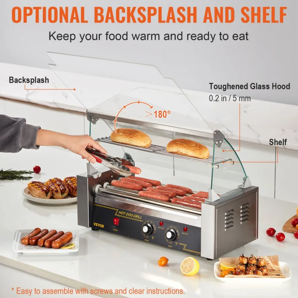 VEVOR Hot Dog Roller 5 Rollers 12 Hot Dogs Capacity, 750W Stainless Sausage Grill Cooker Machine with Dual Temp Control Glass Hood Acrylic Cover Bun Warmer Shelf Removable Oil Drip Tray ETL Certified