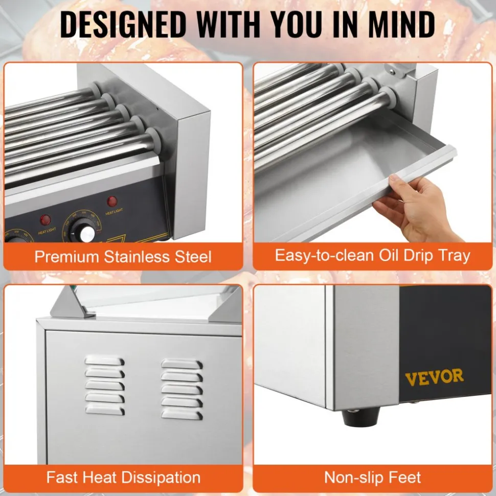 VEVOR Hot Dog Roller 5 Rollers 12 Hot Dogs Capacity, 750W Stainless Sausage Grill Cooker Machine with Dual Temp Control Glass Hood Acrylic Cover Bun Warmer Shelf Removable Oil Drip Tray ETL Certified