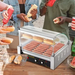 VEVOR Hot Dog Roller, 11 Rollers 30 Hot Dogs Capacity, 1650W Stainless Sausage Grill Cooker Machine with Dual Temp Control Glass Hood Acrylic Cover Bun Warmer Shelf Removable Drip Tray, ETL Certified