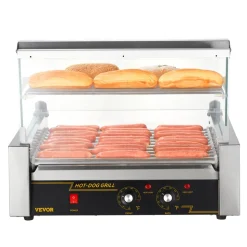 VEVOR Hot Dog Roller, 11 Rollers 30 Hot Dogs Capacity, 1650W Stainless Sausage Grill Cooker Machine with Dual Temp Control Glass Hood Acrylic Cover Bun Warmer Shelf Removable Drip Tray, ETL Certified