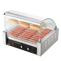 VEVOR Hot Dog Roller, 11 Rollers 30 Hot Dogs Capacity, 1650W Stainless Sausage Grill Cooker Machine with Dual Temp Control Glass Hood Acrylic Cover Bun Warmer Shelf Removable Drip Tray, ETL Certified