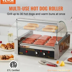 VEVOR Hot Dog Roller, 11 Rollers 30 Hot Dogs Capacity, 1650W Stainless Sausage Grill Cooker Machine with Dual Temp Control Glass Hood Acrylic Cover Bun Warmer Shelf Removable Drip Tray, ETL Certified