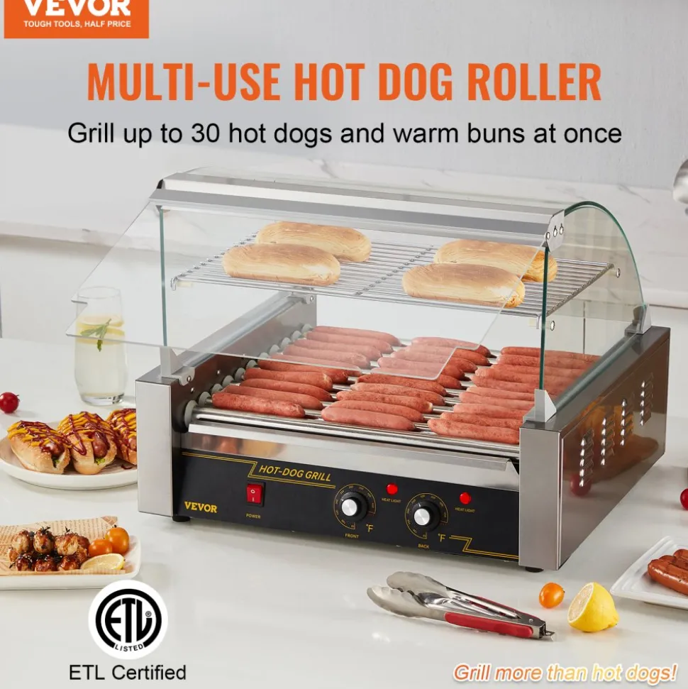 VEVOR Hot Dog Roller, 11 Rollers 30 Hot Dogs Capacity, 1650W Stainless Sausage Grill Cooker Machine with Dual Temp Control Glass Hood Acrylic Cover Bun Warmer Shelf Removable Drip Tray, ETL Certified