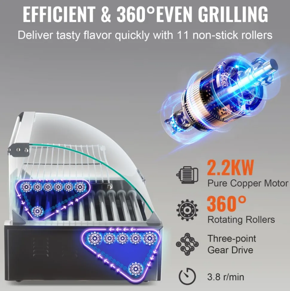 VEVOR Hot Dog Roller, 11 Rollers 30 Hot Dogs Capacity, 1650W Stainless Sausage Grill Cooker Machine with Dual Temp Control Glass Hood Acrylic Cover Bun Warmer Shelf Removable Drip Tray, ETL Certified