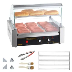 VEVOR Hot Dog Roller, 11 Rollers 30 Hot Dogs Capacity, 1650W Stainless Sausage Grill Cooker Machine with Dual Temp Control Glass Hood Acrylic Cover Bun Warmer Shelf Removable Drip Tray, ETL Certified