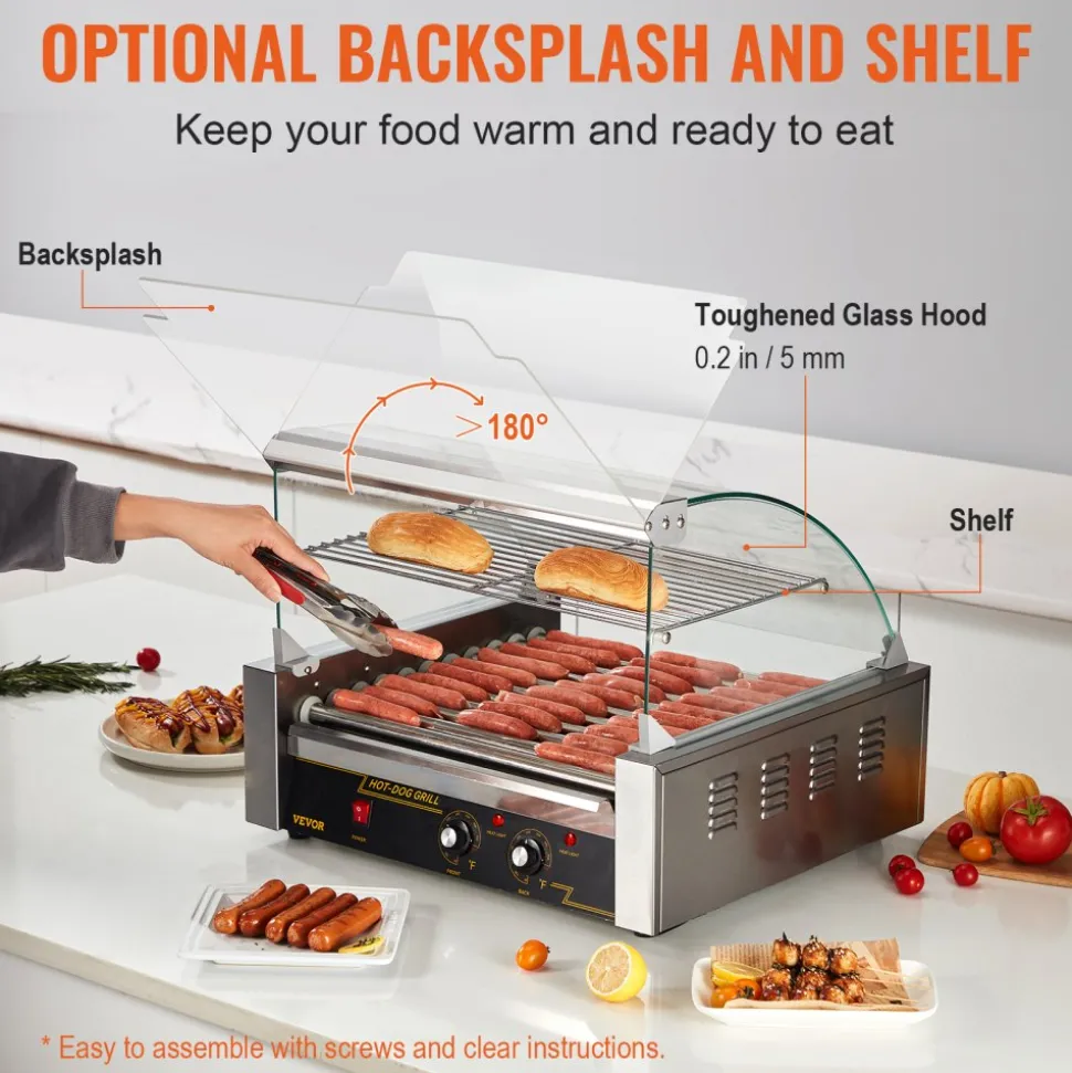 VEVOR Hot Dog Roller, 11 Rollers 30 Hot Dogs Capacity, 1650W Stainless Sausage Grill Cooker Machine with Dual Temp Control Glass Hood Acrylic Cover Bun Warmer Shelf Removable Drip Tray, ETL Certified
