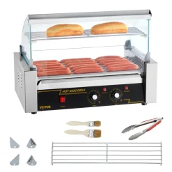 VEVOR Hot Dog Roller 7 Rollers 18 Hot Dogs Capacity 1050W Stainless Sausage Grill Cooker Machine with Dual Temp Control Glass Hood Acrylic Cover Bun Warmer Shelf Removable Oil Drip Tray, ETL Certified