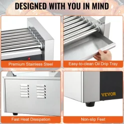 VEVOR Hot Dog Roller 7 Rollers 18 Hot Dogs Capacity 1050W Stainless Sausage Grill Cooker Machine with Dual Temp Control Glass Hood Acrylic Cover Bun Warmer Shelf Removable Oil Drip Tray, ETL Certified