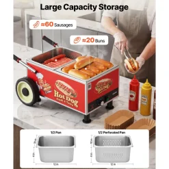 VEVOR Hot Dog Steamer Cart, 1200W Electric Stainless Steel Hot Dog Steam Machine, 86-203°F Temp Adjustable, Portable Cart with Eye-Catching Umbrella & Wheels, for Bakeries, Food Stands, Parties