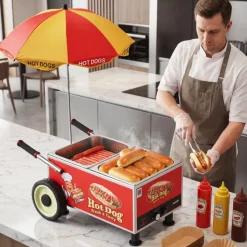 VEVOR Hot Dog Steamer Cart, 1200W Electric Stainless Steel Hot Dog Steam Machine, 86-203°F Temp Adjustable, Portable Cart with Eye-Catching Umbrella & Wheels, for Bakeries, Food Stands, Parties