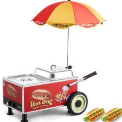 VEVOR Hot Dog Steamer Cart, 1200W Electric Stainless Steel Hot Dog Steam Machine, 86-203°F Temp Adjustable, Portable Cart with Eye-Catching Umbrella & Wheels, for Bakeries, Food Stands, Parties