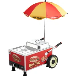 VEVOR Hot Dog Steamer Cart, 1200W Electric Stainless Steel Hot Dog Steam Machine, 86-203°F Temp Adjustable, Portable Cart with Eye-Catching Umbrella & Wheels, for Bakeries, Food Stands, Parties