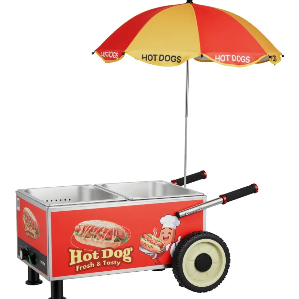 VEVOR Hot Dog Steamer Cart, 1200W Electric Stainless Steel Hot Dog Steam Machine, 86-203°F Temp Adjustable, Portable Cart with Eye-Catching Umbrella & Wheels, for Bakeries, Food Stands, Parties