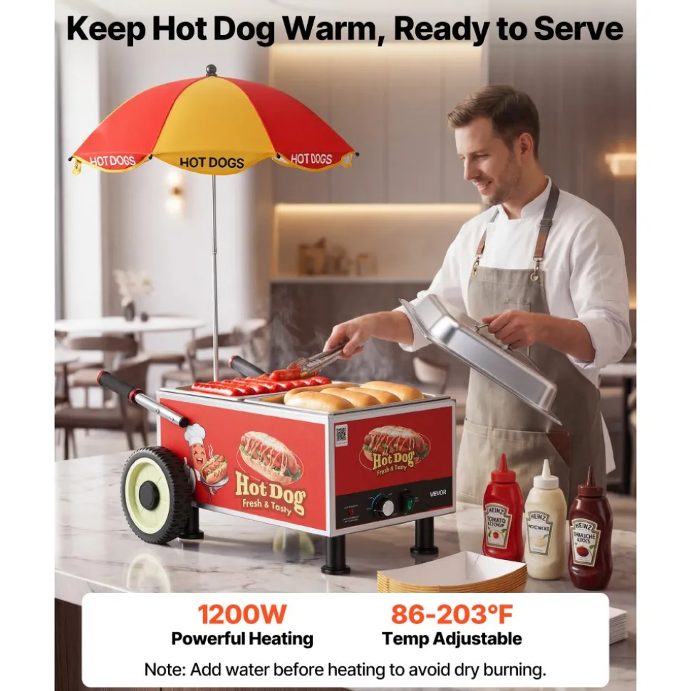 VEVOR Hot Dog Steamer Cart, 1200W Electric Stainless Steel Hot Dog Steam Machine, 86-203°F Temp Adjustable, Portable Cart with Eye-Catching Umbrella & Wheels, for Bakeries, Food Stands, Parties
