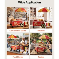 VEVOR Hot Dog Steamer Cart, 1200W Electric Stainless Steel Hot Dog Steam Machine, 86-203°F Temp Adjustable, Portable Cart with Eye-Catching Umbrella & Wheels, for Bakeries, Food Stands, Parties
