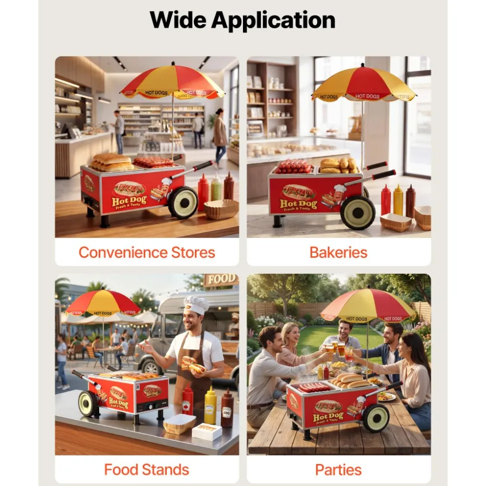 VEVOR Hot Dog Steamer Cart, 1200W Electric Stainless Steel Hot Dog Steam Machine, 86-203°F Temp Adjustable, Portable Cart with Eye-Catching Umbrella & Wheels, for Bakeries, Food Stands, Parties