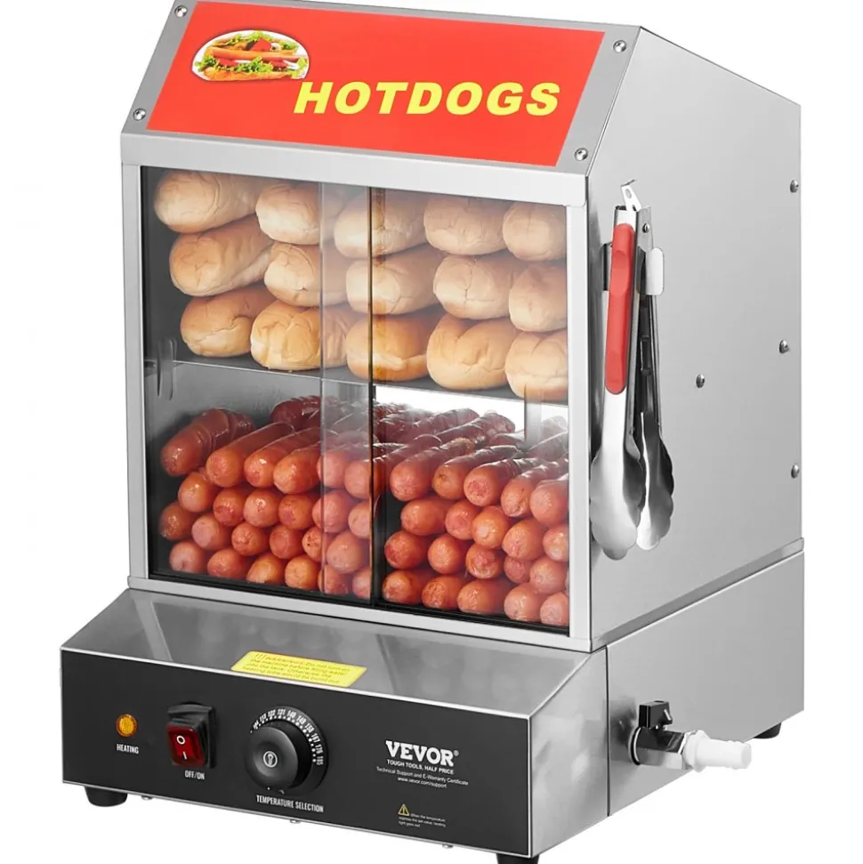 VEVOR Hot Dog Steamer, 28.5QT, 2-Tier Hot Dog Hut Steamer, 86℉~185℉ Temperature Control, Electric Bun Warmer with Tempered Glass Slide Doors Partition Plate Tong, Stainless Steel, for Hot Dogs & Buns