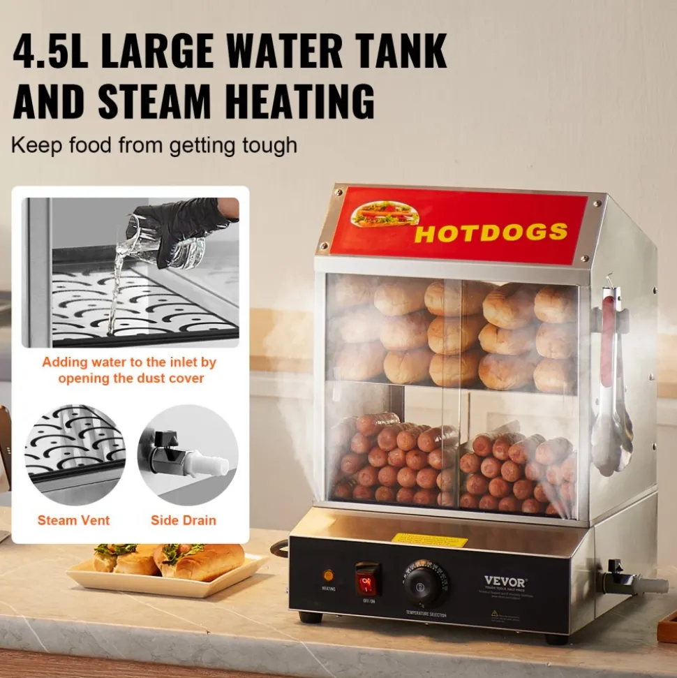 VEVOR Hot Dog Steamer, 28.5QT, 2-Tier Hot Dog Hut Steamer, 86℉~185℉ Temperature Control, Electric Bun Warmer with Tempered Glass Slide Doors Partition Plate Tong, Stainless Steel, for Hot Dogs & Buns