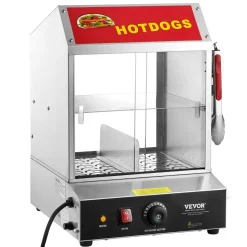VEVOR Hot Dog Steamer, 28.5QT, 2-Tier Hot Dog Hut Steamer, 86℉~185℉ Temperature Control, Electric Bun Warmer with Tempered Glass Slide Doors Partition Plate Tong, Stainless Steel, for Hot Dogs & Buns