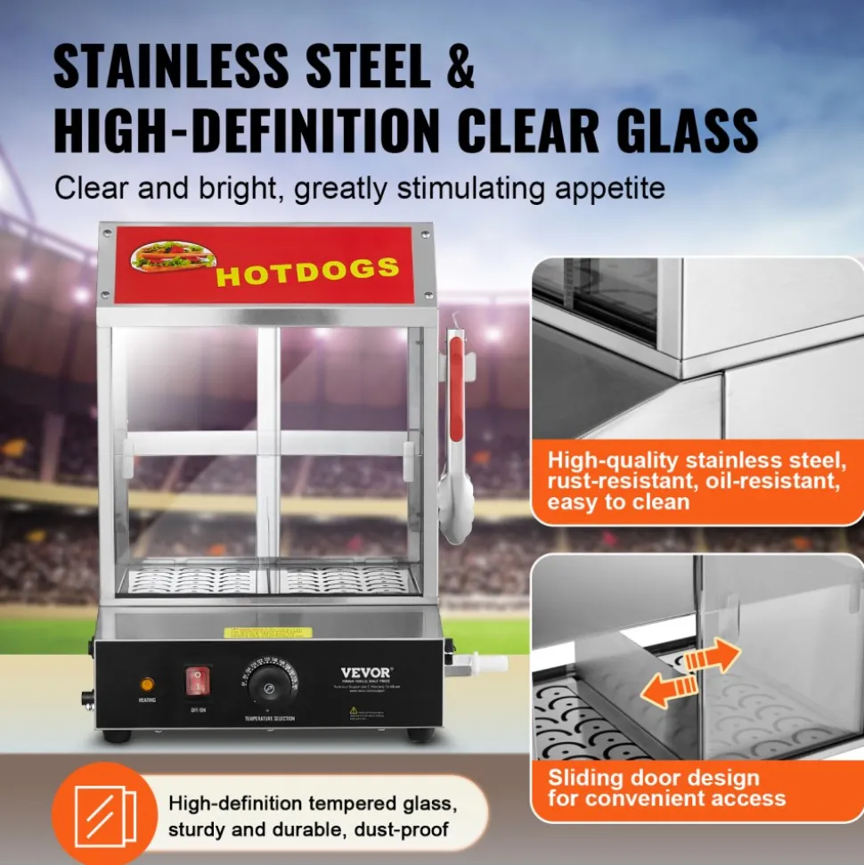 VEVOR Hot Dog Steamer, 28.5QT, 2-Tier Hot Dog Hut Steamer, 86℉~185℉ Temperature Control, Electric Bun Warmer with Tempered Glass Slide Doors Partition Plate Tong, Stainless Steel, for Hot Dogs & Buns