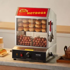 VEVOR Hot Dog Steamer, 28.5QT, 2-Tier Hot Dog Hut Steamer, 86℉~185℉ Temperature Control, Electric Bun Warmer with Tempered Glass Slide Doors Partition Plate Tong, Stainless Steel, for Hot Dogs & Buns