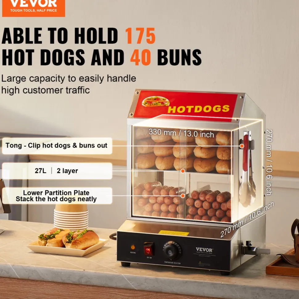 VEVOR Hot Dog Steamer, 28.5QT, 2-Tier Hot Dog Hut Steamer, 86℉~185℉ Temperature Control, Electric Bun Warmer with Tempered Glass Slide Doors Partition Plate Tong, Stainless Steel, for Hot Dogs & Buns
