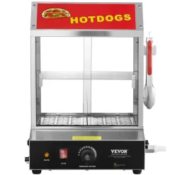 VEVOR Hot Dog Steamer, 28.5QT, 2-Tier Hot Dog Hut Steamer, 86℉~185℉ Temperature Control, Electric Bun Warmer with Tempered Glass Slide Doors Partition Plate Tong, Stainless Steel, for Hot Dogs & Buns