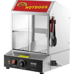 VEVOR Hot Dog Steamer, 28.5QT, 2-Tier Hot Dog Hut Steamer, 86℉~185℉ Temperature Control, Electric Bun Warmer with Tempered Glass Slide Doors Partition Plate Tong, Stainless Steel, for Hot Dogs & Buns