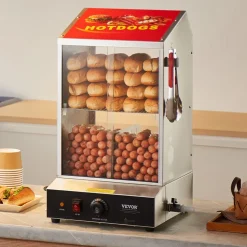 VEVOR Hot Dog Steamer, 39QT, 2-Tier Hot Dog Hut Steamer, 86℉~185℉ Temperature Control, Electric Bun Warmer with Tempered Glass Slide Doors Partition Plate Tong, Stainless Steel, for Hot Dogs & Buns