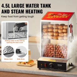 VEVOR Hot Dog Steamer, 39QT, 2-Tier Hot Dog Hut Steamer, 86℉~185℉ Temperature Control, Electric Bun Warmer with Tempered Glass Slide Doors Partition Plate Tong, Stainless Steel, for Hot Dogs & Buns