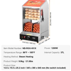 VEVOR Hot Dog Steamer, 39QT, 2-Tier Hot Dog Hut Steamer, 86℉~185℉ Temperature Control, Electric Bun Warmer with Tempered Glass Slide Doors Partition Plate Tong, Stainless Steel, for Hot Dogs & Buns