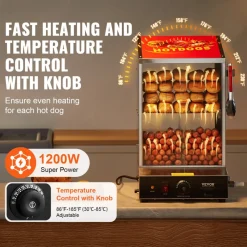 VEVOR Hot Dog Steamer, 39QT, 2-Tier Hot Dog Hut Steamer, 86℉~185℉ Temperature Control, Electric Bun Warmer with Tempered Glass Slide Doors Partition Plate Tong, Stainless Steel, for Hot Dogs & Buns