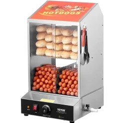 VEVOR Hot Dog Steamer, 39QT, 2-Tier Hot Dog Hut Steamer, 86℉~185℉ Temperature Control, Electric Bun Warmer with Tempered Glass Slide Doors Partition Plate Tong, Stainless Steel, for Hot Dogs & Buns