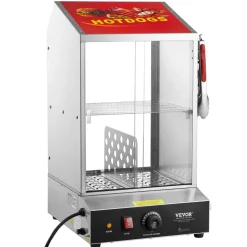 VEVOR Hot Dog Steamer, 39QT, 2-Tier Hot Dog Hut Steamer, 86℉~185℉ Temperature Control, Electric Bun Warmer with Tempered Glass Slide Doors Partition Plate Tong, Stainless Steel, for Hot Dogs & Buns