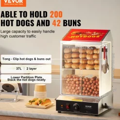 VEVOR Hot Dog Steamer, 39QT, 2-Tier Hot Dog Hut Steamer, 86℉~185℉ Temperature Control, Electric Bun Warmer with Tempered Glass Slide Doors Partition Plate Tong, Stainless Steel, for Hot Dogs & Buns