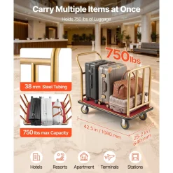 VEVOR Hotel Luggage Cart, 750 lbs Heavy Duty Bellman Cart with Stainless Steel Frame, 6 in Rubber Wheels, Red Carpeted Deck, Commercial Luggage Carrier Rolling Trolley for Hotels, Resorts, Gold