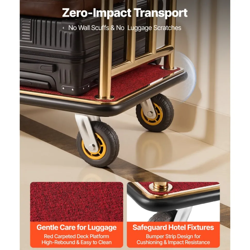 VEVOR Hotel Luggage Cart, 750 lbs Heavy Duty Bellman Cart with Stainless Steel Frame, 6 in Rubber Wheels, Red Carpeted Deck, Commercial Luggage Carrier Rolling Trolley for Hotels, Resorts, Gold