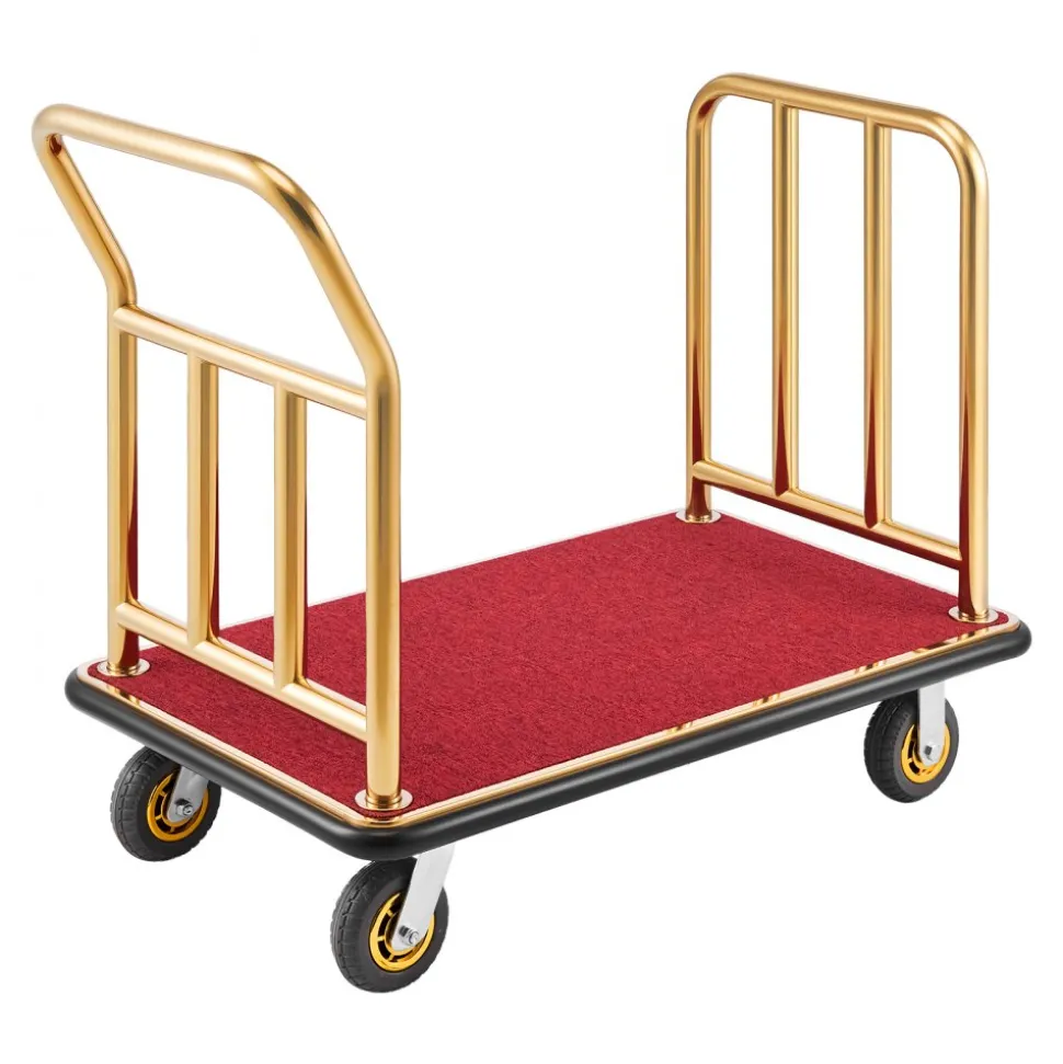 VEVOR Hotel Luggage Cart, 750 lbs Heavy Duty Bellman Cart with Stainless Steel Frame, 6 in Rubber Wheels, Red Carpeted Deck, Commercial Luggage Carrier Rolling Trolley for Hotels, Resorts, Gold